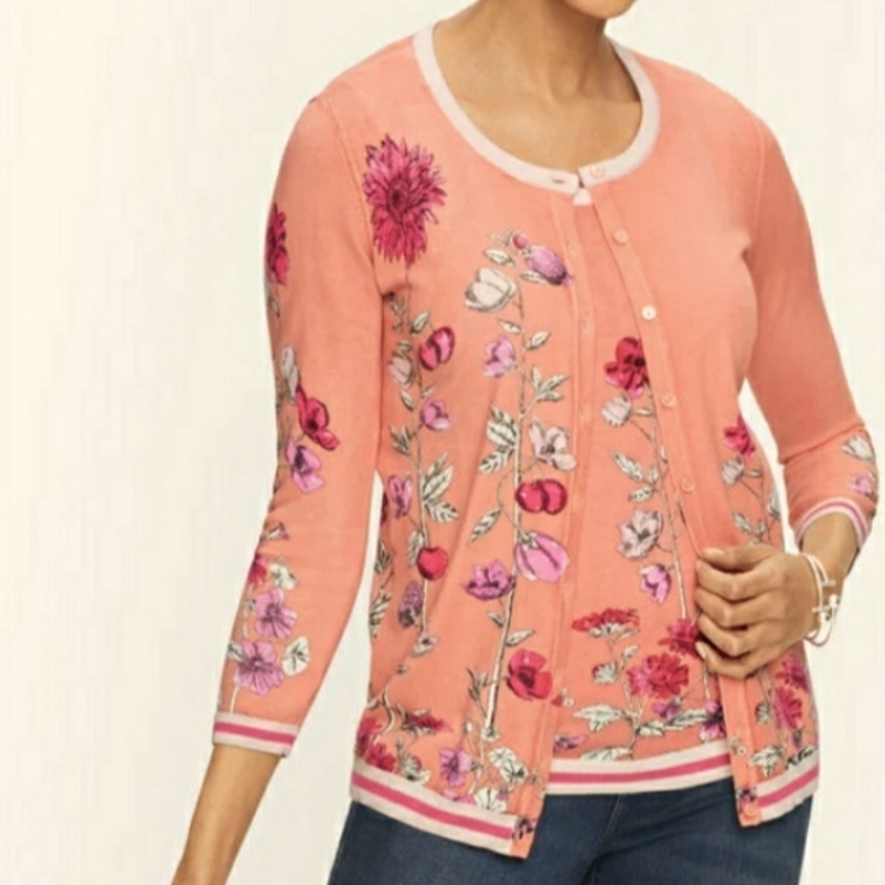 Talbot Charming 2 PC Cardigan Set - Sketched Floral in Peach, Size SP/S